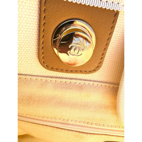 Chanel Beige Canvas & Leather Chain Tote Bag With Dual Handles & Logo Embroidery - Picture 11 of 16